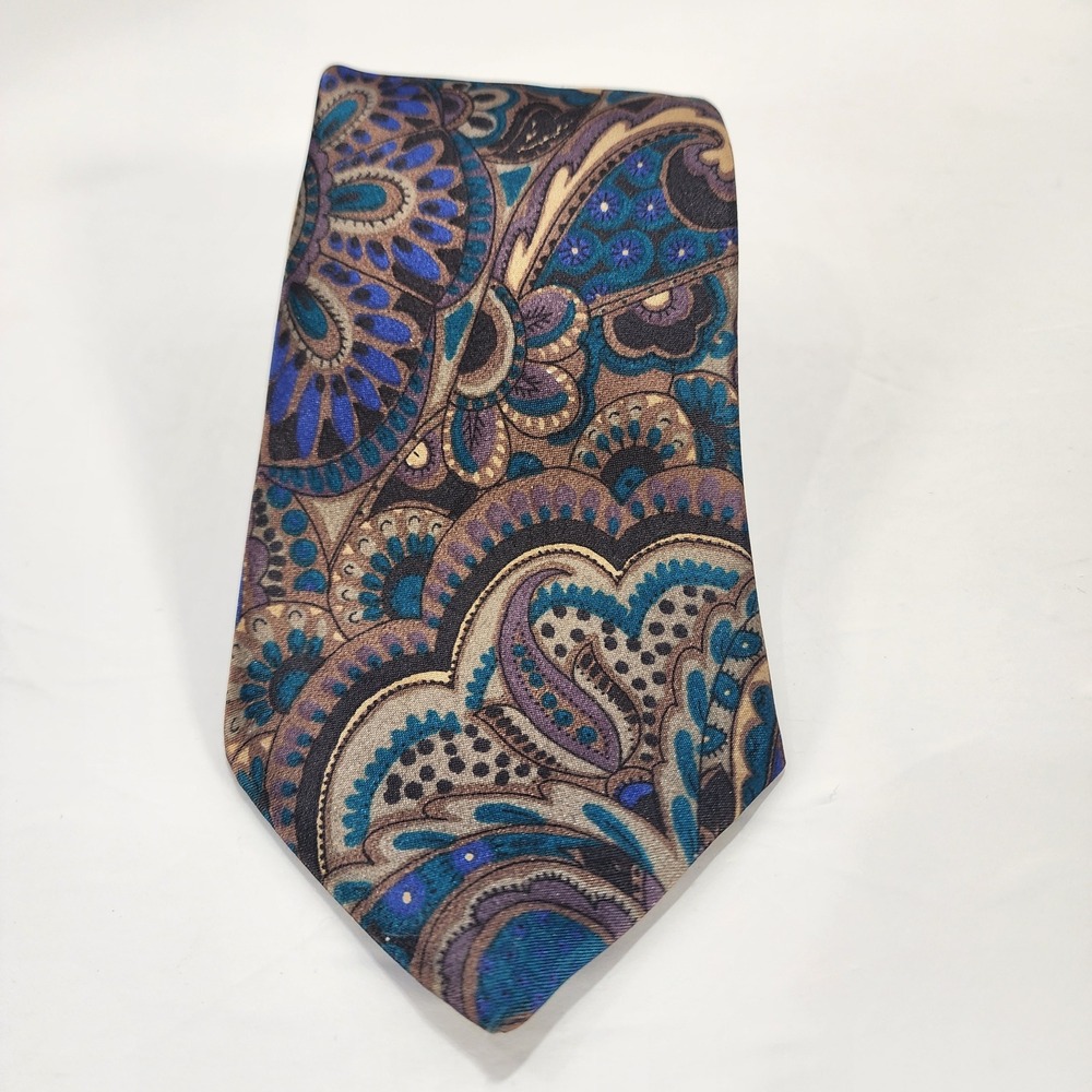 David Crystal Mens Vintage Paisley Tie Blue Purple Bronze Silk Blend Made in USA